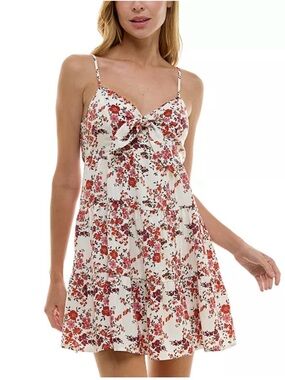 Trixxi EUC Floral Mini Dress Tie Front Sz Junior L Cottagecore Boho Chic Prairie